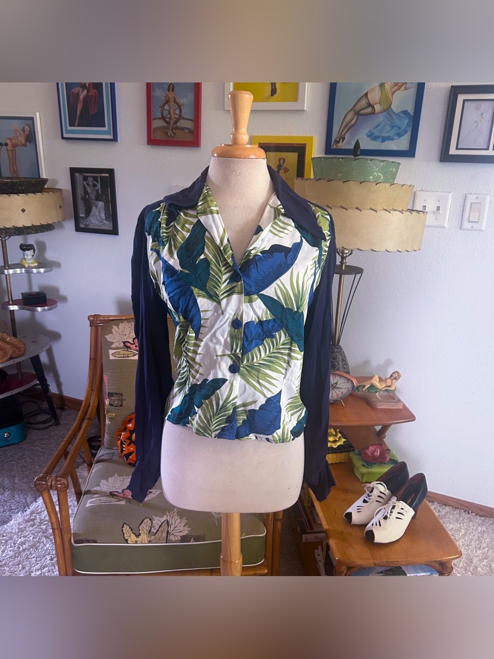 Retro Shirt | Novelty Palm Print | 40s Style | M L | UK 12 | Blue Colorblock